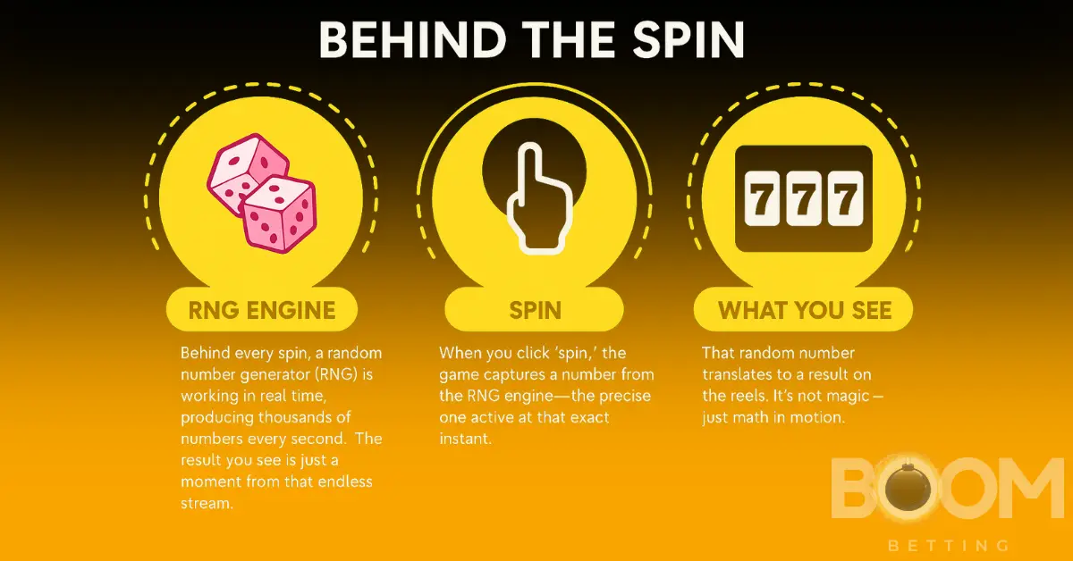 Infographic explaining how slot machine RNG works, from number generation to spin and final result display.