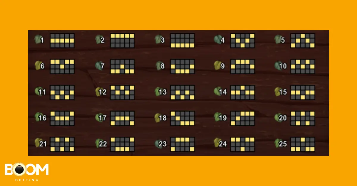 Payline layout for the slot game Big Bad Wolf, showing 25 numbered winning line patterns across the reels on a wooden background.