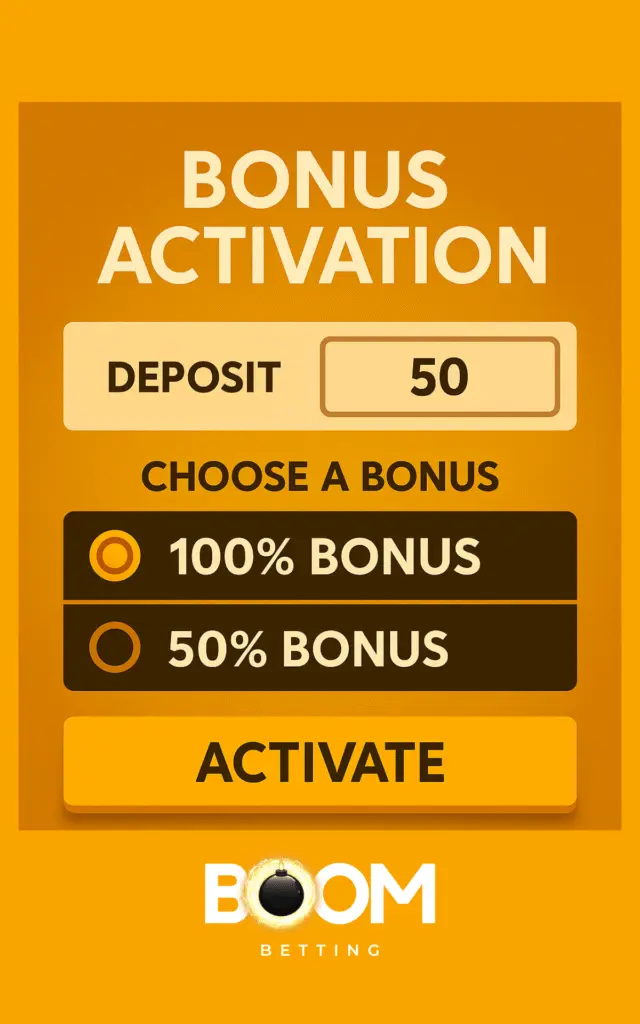 Bonus activation screen showing deposit input, bonus selection between 100% and 50%, and a yellow 'Activate' button in BoomBetting style.