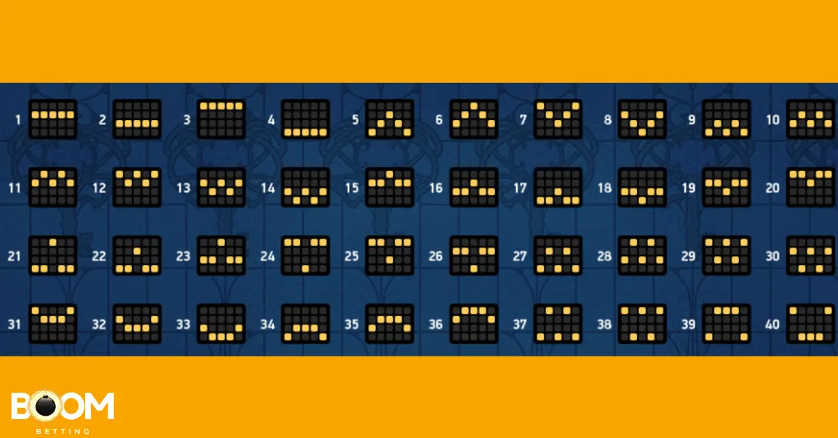 Payline diagram from the Codex of Fortune slot game showing 40 numbered winning line patterns across a 5-reel grid. Each line is highlighted in yellow to indicate the active positions for possible winning combinations.
