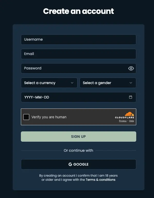 DepositWin sign-up page showing the account registration form with fields for username, email, password, currency selection, gender selection, date of birth, Cloudflare verification checkbox, and a sign-up button with Google login option.