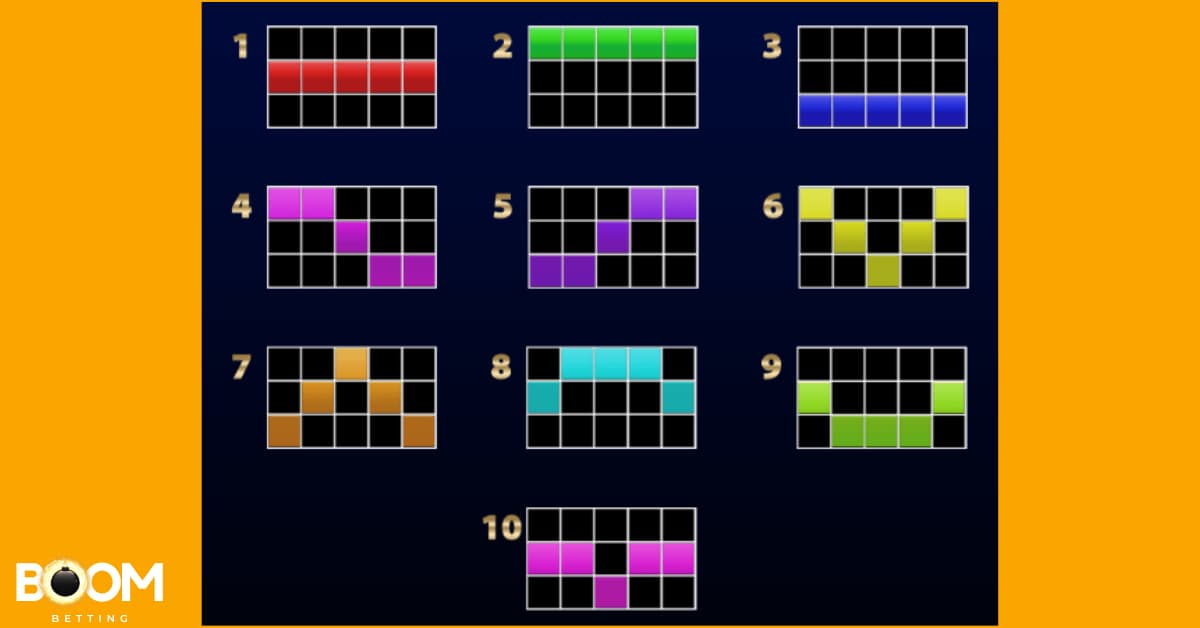 Payline diagram from the Dr Jekyll Goes Wild slot game showing 10 numbered win line patterns across a 5-reel grid. Each line is highlighted in a unique color to indicate active symbol positions.