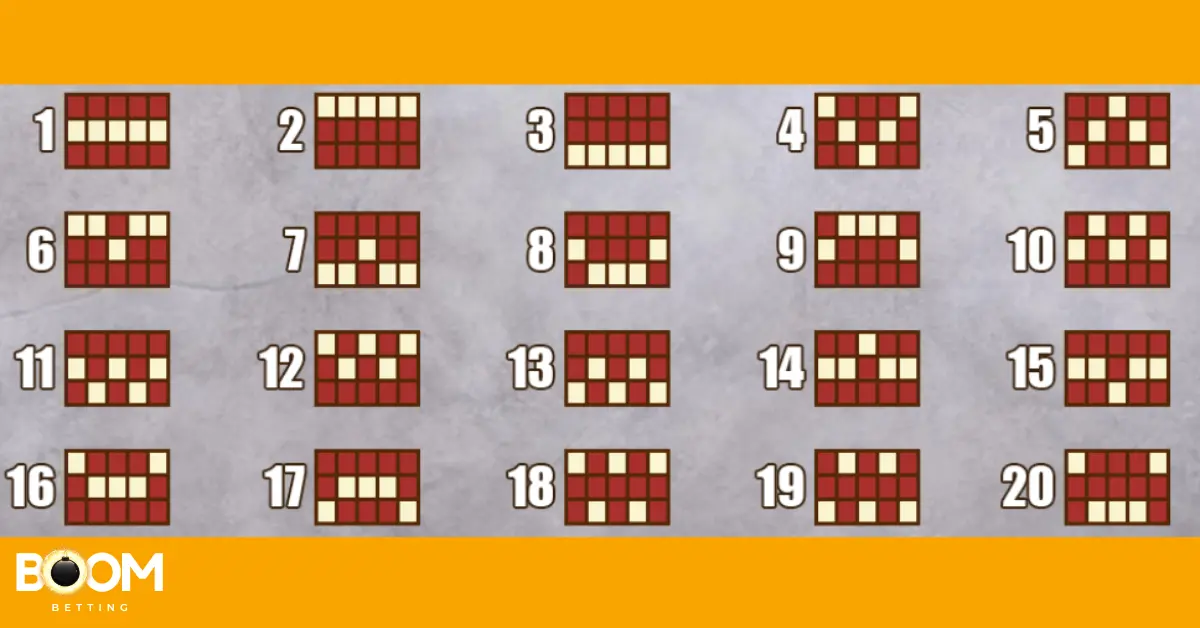 Hall of Gods payline diagram showing all 20 line configurations across the reels in a red and cream grid layout.
