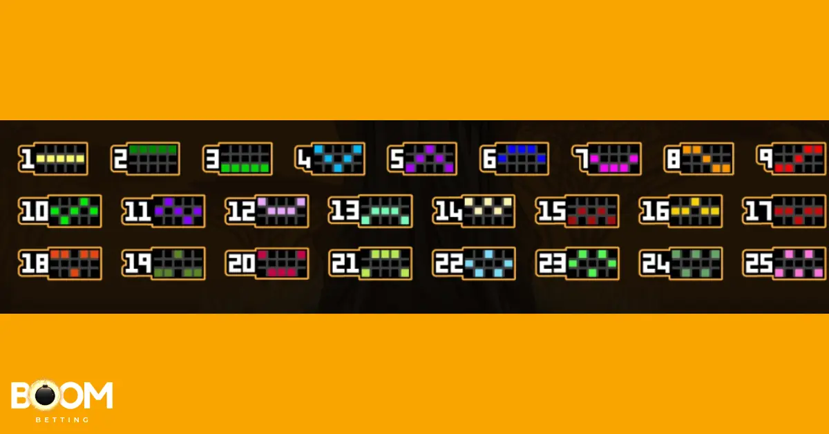 Paylines display from Mega Moolah slot showing 25 colorful winning line patterns across the reels.