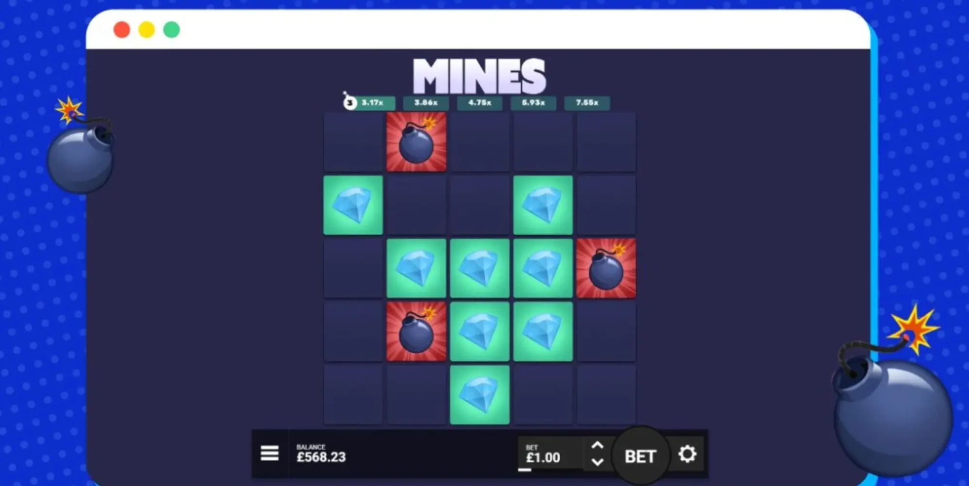 mines-game-board-multiplier-gems-bombs-1 (1) Screenshot of a Mines casino game board showing multipliers, revealed gems, and hidden bombs in a 5x5 grid layout.