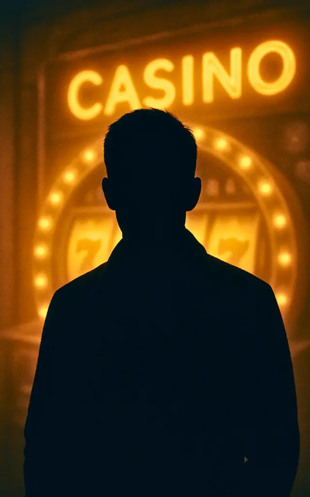 ogge-casino-silhouette-mystery-person-640x1024 Silhouette of Ogge standing in front of a glowing casino sign with slot machine lights in the background, creating a mysterious gambler profile
