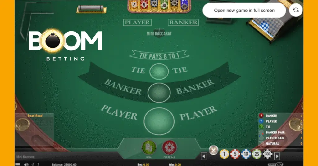 Mini baccarat table layout with player, banker, and tie betting areas shown on a digital casino game interface