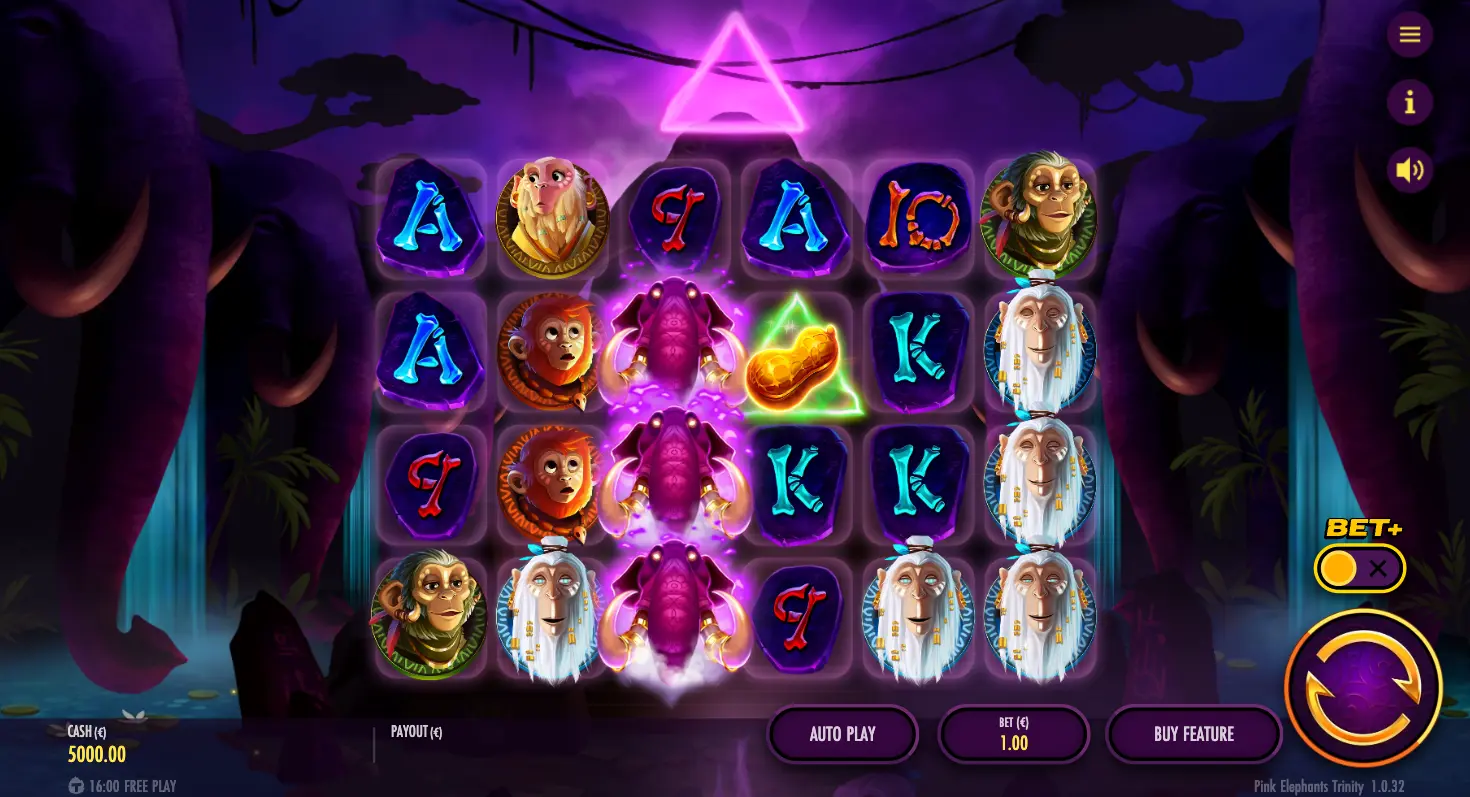 Pink Elephants Trinity slot by Thunderkick showing a 6x4 grid with glowing symbols, sticky wild elephants, and end game bonus visuals