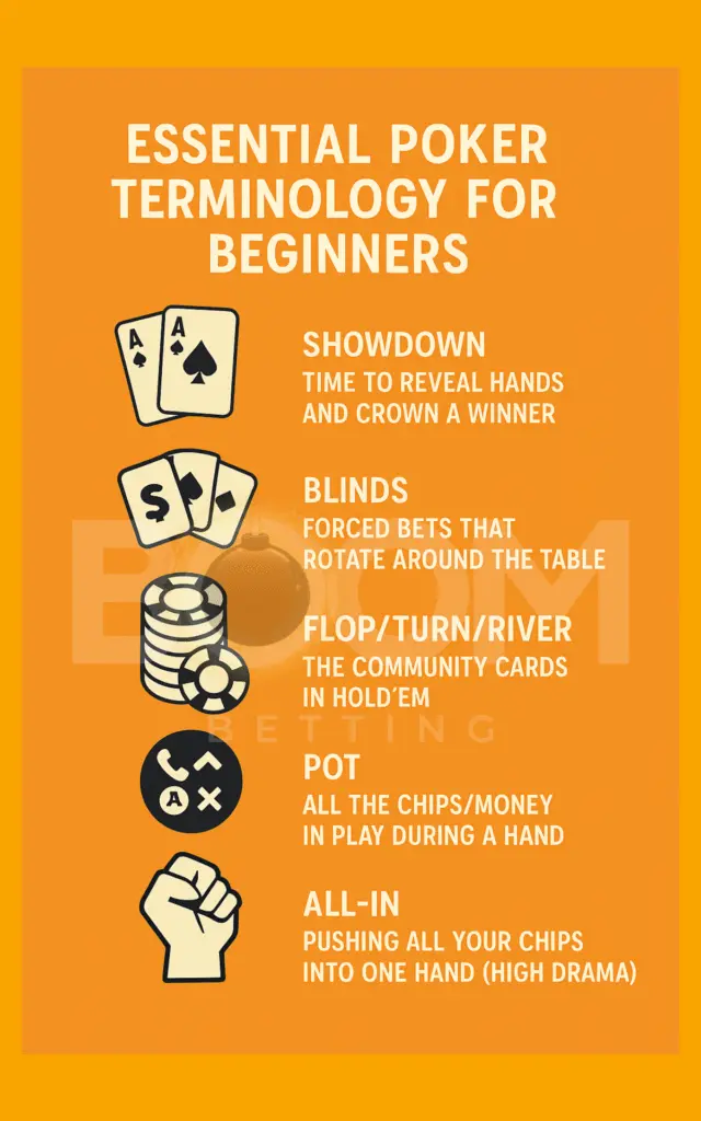 Beginner poker terms infographic explaining key concepts like showdown, blinds, flop, turn, river, pot, and all-in with icons on an orange background