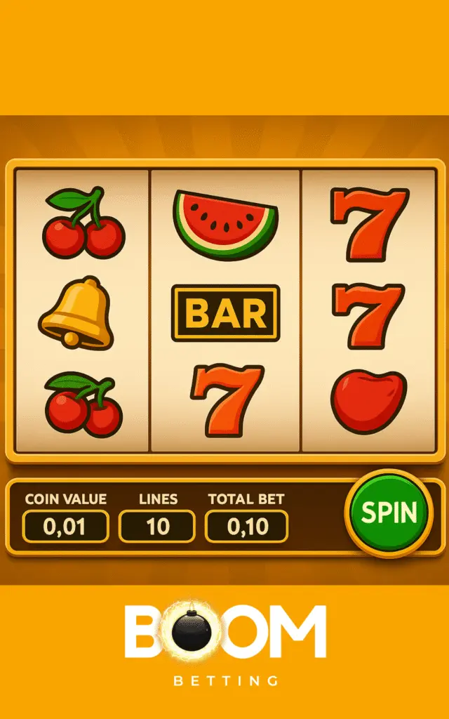 Classic slot game screen with 3 reels, symbols like cherries and 7s, bet controls and spin button, styled in BoomBetting's design theme