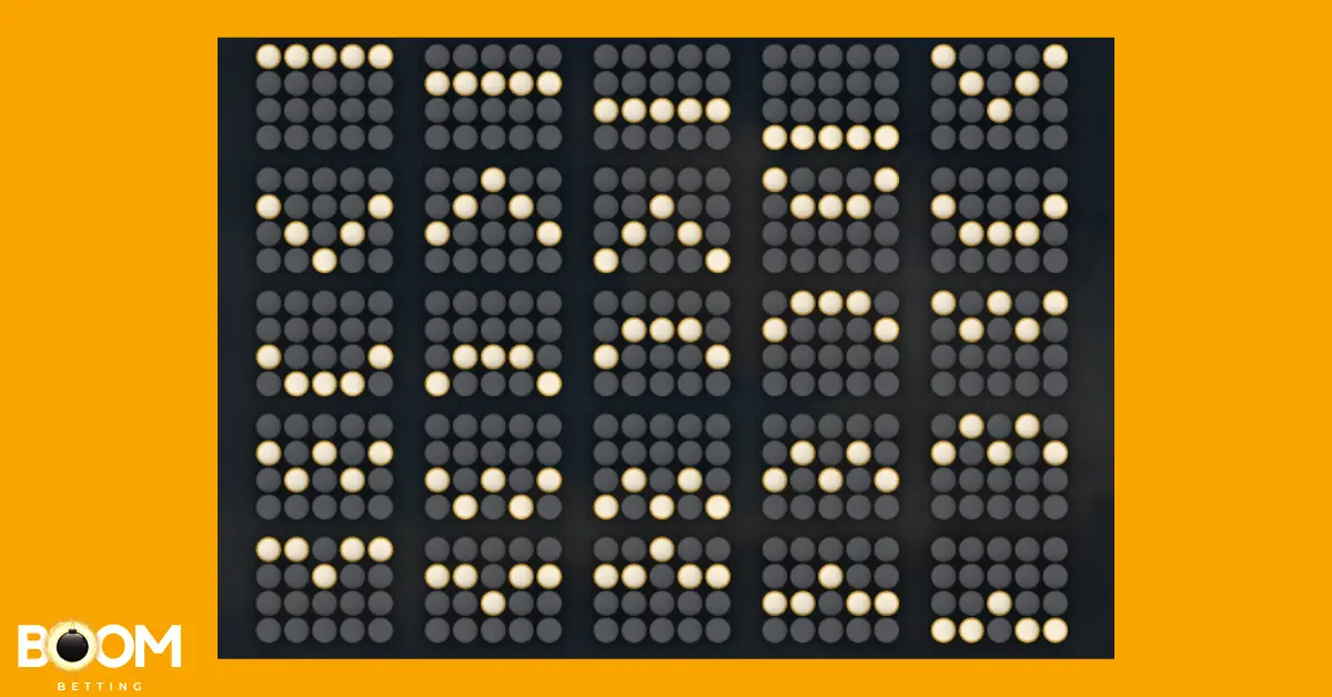 Payline diagram from the Vikings Go Berzerk slot game showing multiple win line patterns across a 5-reel grid. Each line is highlighted using illuminated dots to indicate symbol positions for winning combinations.