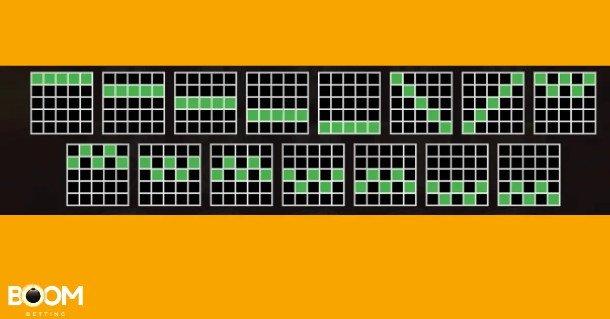 Payline diagram from the Wanted Dead or a Wild slot game showing multiple winning line patterns on a 5-reel grid. Each line is marked in green squares, illustrating various horizontal and zigzag formations for symbol matches.