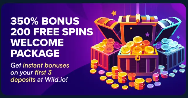 Wild.io welcome package banner showing 350% bonus and 200 free spins on the first three deposits with treasure chest and coin artwork.